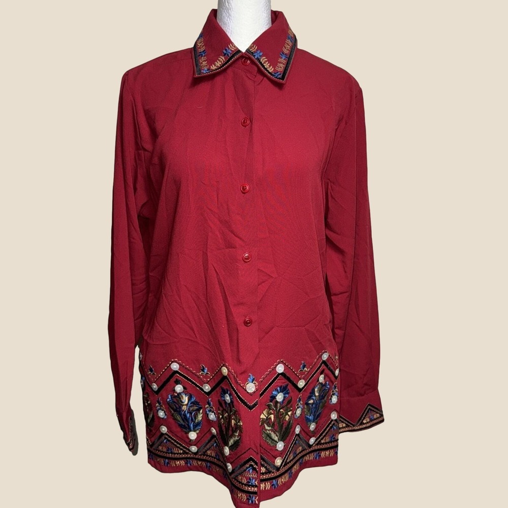 Victor Costa Womens Small Red Long Sleeve Top Floral Embroidery Southwestern Vtg